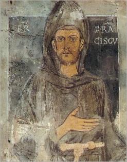 Nejstarší vyobrazení sv. Františka, freska v kapli sv. Řehoře v benediktinském Sacro Speco v Subiacu, 1228/1229